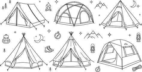 Camping tents outdoor adventure line art vector icons set with teepee dome structures and hiking equipment © MstBabli