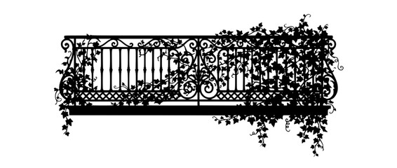 Obraz premium Black silhouette of a wrought iron balcony railing with ivy leaves