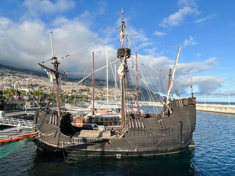 Replica of Christopher Columbus's flagship moored in the harbor. Close-up. Funchal. Madeira. Portugal.