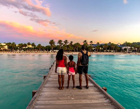 Family Standing on Wooden Pier Facing Tropical Beach at Sunset