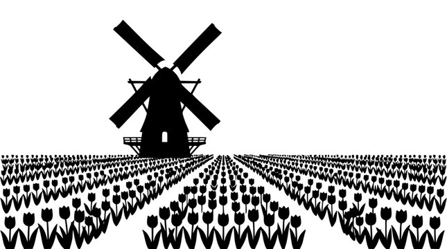Silhouette of a Dutch Windmill in a Field of Tulips
