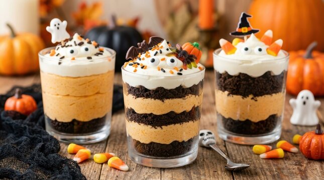 Festive Halloween layered desserts with pumpkin mousse and chocolate cake
