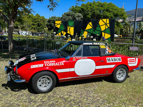Classic rally car Fiat 124 Sport Spider. Close-up. Funchal. Madeira. Portugal.
