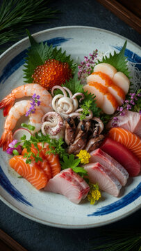 Exquisite assorted raw fish sashimi set elegantly served in a traditional ceramic bowl