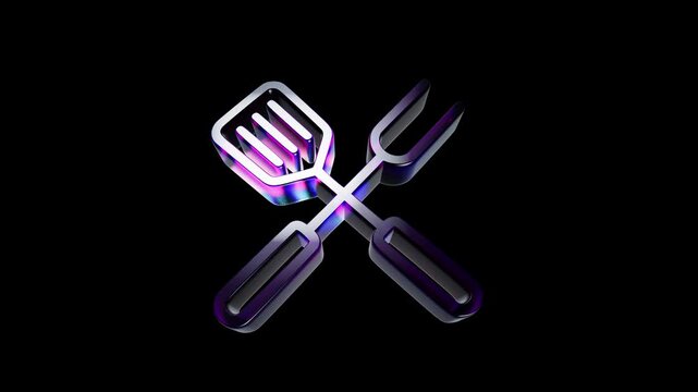 Shiny metallic spatula and fork crossed icon on a dark black background 3D Icon