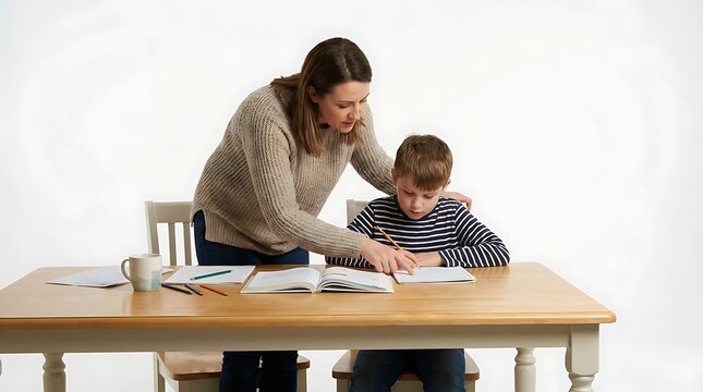 Mother patiently helps her son with homework at a wooden table, focusing on his studies