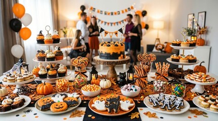 Fototapeta premium Festive Halloween party table laden with spooky treats and decorations
