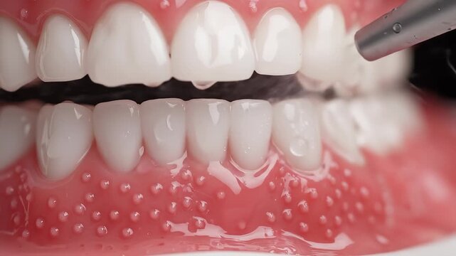 Dental hygiene cleaning process on teeth model, showing water irrigation and air spray for cleaning. Close up clinical demonstration of oral care procedure for professional dentistry education.