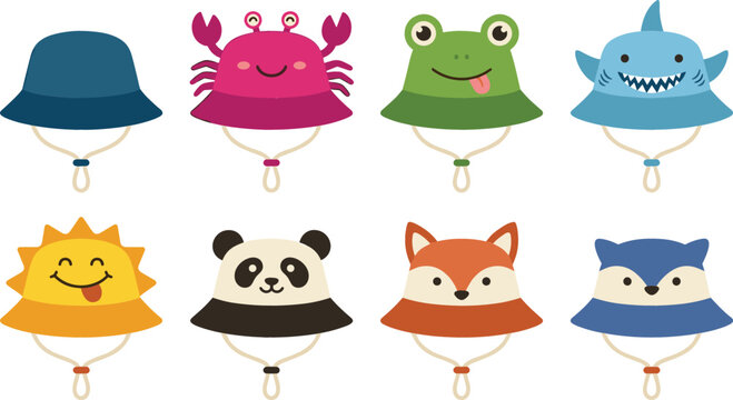 Adorable kids bucket hats vector set featuring cute cartoon animal designs including a crab, frog, shark, sun, panda, fox, and wolf isolated on white background.