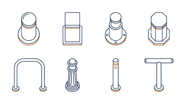 Top View Isometric Bollards and Safety Posts Set Featuring Modern Architectural Line Art Icons for Urban Traffic Control Security Barriers and Pedestrian Protection.