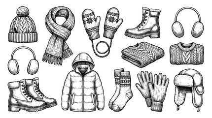 Vintage winter clothing collection, hand drawn sketch of warm seasonal apparel, 12 vector icons of knitted sweaters and outdoor gear for cold weather © shanawar