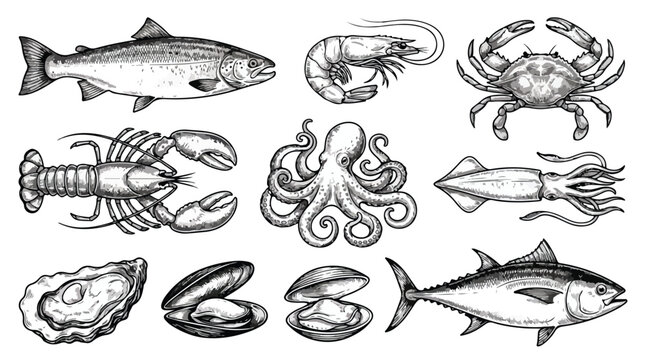 Vintage seafood engraving collection, 10 hand drawn sea food vector icons, black and white fish and shellfish illustrations for restaurant menus