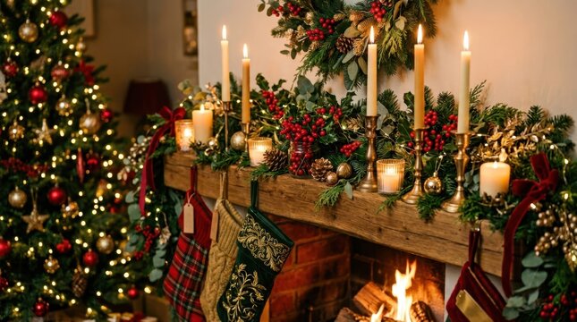 Cozy Christmas fireplace with stockings, tree, and warm candlelight creating festive atmosphere