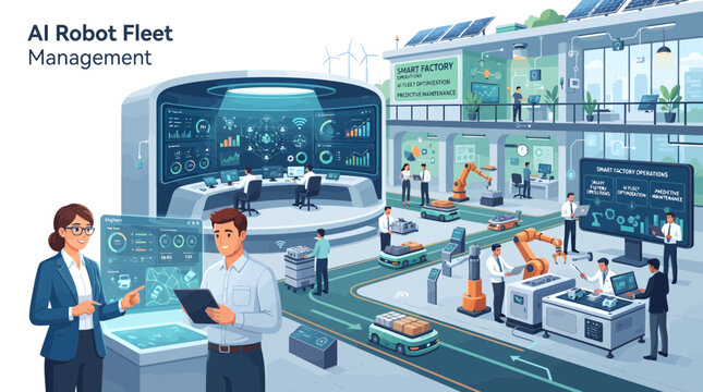 Engineers monitoring automated robot fleet management system.