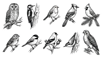 Vintage bird illustrations set, hand drawn wild birds vector collection, black and white avian sketches including owl, woodpecker, and hawk © shanawar