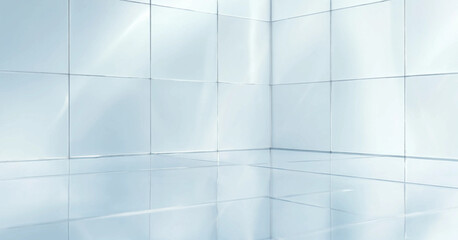 Fototapeta premium Abstract minimalist bright studio background with white glossy square wall tiles and reflective floor