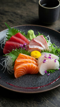 Exquisite assorted raw fish sashimi set elegantly served in a traditional ceramic bowl