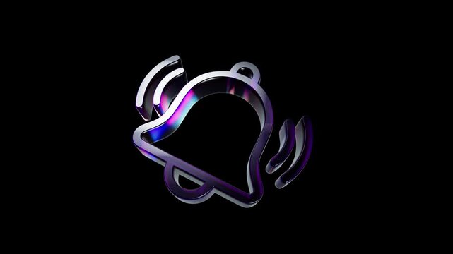 Shiny glass notification bell icon with a ringing effect on a dark background 3D Icon