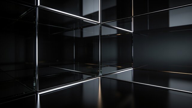 Abstract corporate background with dark glossy black glass cubes and chrome metal grid framework