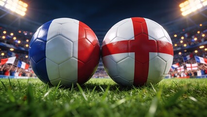 Fototapeta premium Two detailed soccer balls featuring the national flags of France and England sitting on the green grass of a brightly illuminated stadium during a major match