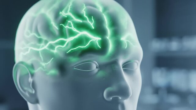 Abstract conceptual visualization of human brain activity with glowing neural lightning pulses, representing cognitive thinking, neurological connections, and advanced intelligence in science.