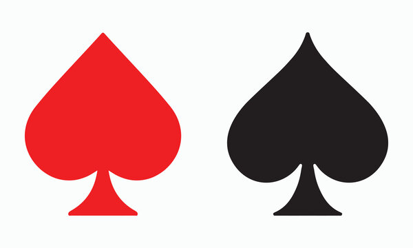 Two distinct playing card spade symbols, one rendered in bold red and the other in classic black, representing suits in a deck of cards or gambling themes.