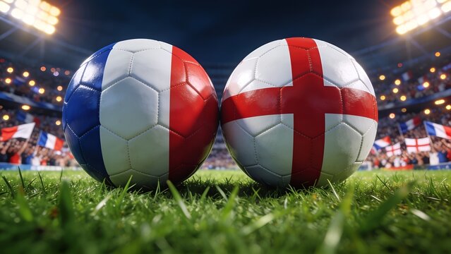 Two detailed soccer balls featuring the national flags of France and England sitting on the green grass of a brightly illuminated stadium during a major match