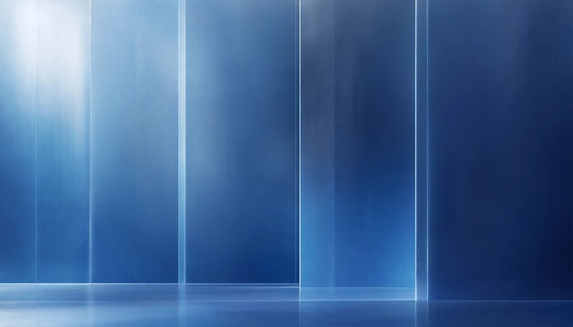 Abstract dark blue studio room background with translucent glass panels, elegant gradient lighting, and empty copy space for product presentation