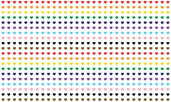 Colorful heart shapes arranged in rows on white background, repeating pattern, vibrant design element, abstract romantic illustration, digital art, festive or celebratory theme, modern graphic.