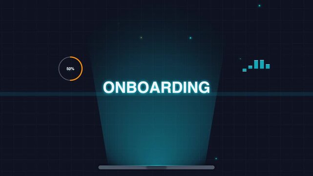 Onboarding interface with circular progress indicator and bar chart analytics concept for employee hiring, recruitment, training, workflow automation, and digital integration management.