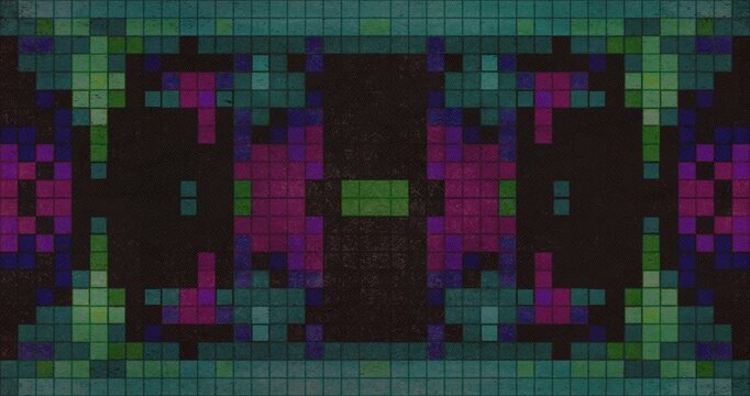 Symmetrical pixel mosaic animation featuring geometric patterns, retro digital aesthetics, and vibrant colors. Ideal for motion backgrounds, creative visuals, and generative art projects.