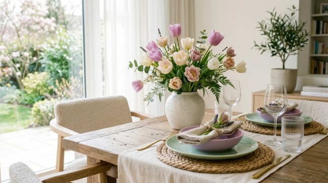 Elegant dining table arrangement with fresh flowers and stylish tableware