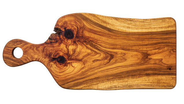 Rustic wooden cutting board with natural grain and knot details, isolated on transparent background
