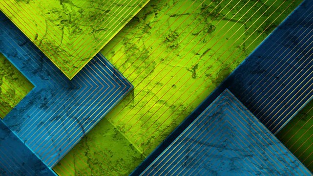 Abstract geometric blue and green luxury background with 3d stripes and golden lines. Grunge corporate motion design. Seamless loop. Video animation Ultra HD 4K 3840x2160