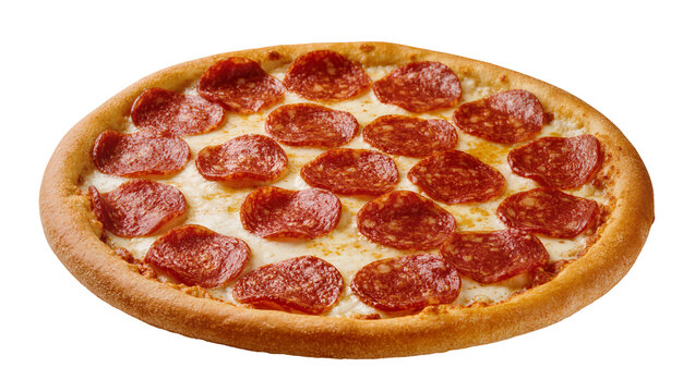 Round pepperoni pizza with melted cheese and golden crust, isolated on transparent background