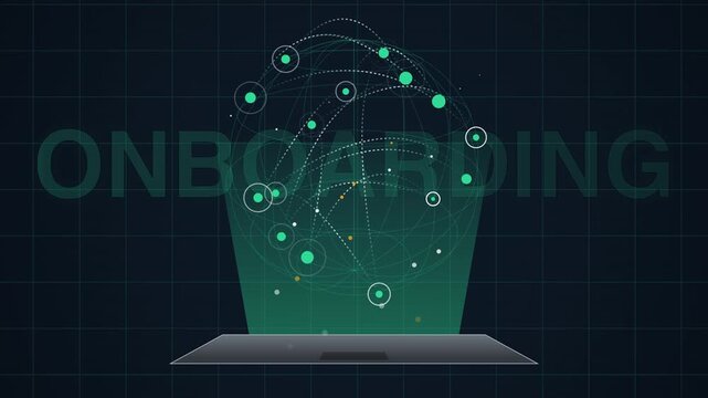 Digital technology laptop projecting green data network hologram sphere. Corporate employee onboarding business integration process management across virtual cyberspace workflow loop animation.
