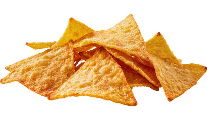 Naklejka premium Golden corn tortilla chips pile crispy and textured, isolated on transparent background