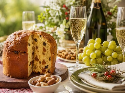 Argentinisches Silvester-Stillleben mit Pan Dulce, gr&uuml;nen Trauben, N&uuml;ssen und Sekt auf festlich gedecktem Tisch im warmen Sommerlicht &ndash; traditionelle Genusskultur zum Jahreswechsel.
