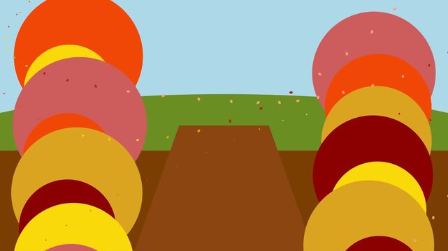 Abstract autumn landscape illustration featuring stylized circle trees in fall colors with leaves falling on a peaceful grassy field background