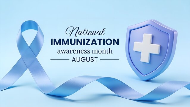 Light blue awareness ribbon and a protective medical shield icon representing national immunization awareness month in august displayed on a soft smooth solid light background