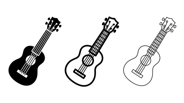 Stylized acoustic guitar set: silhouette, outline, and wireframe designs