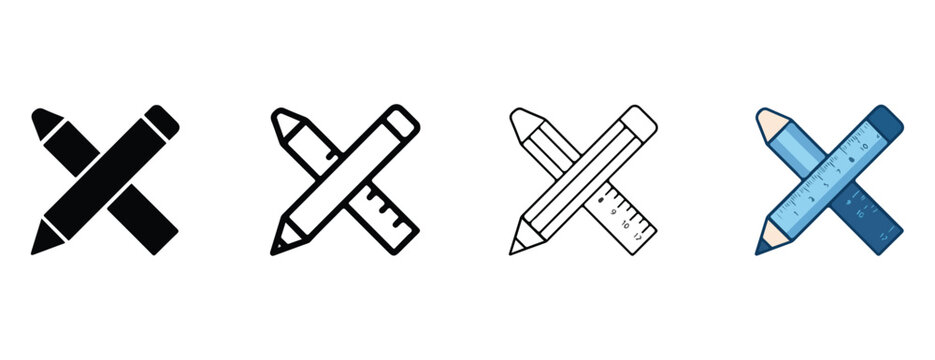  pencils and rulers crossed over each other for design and drafting in various styles and colors on white background