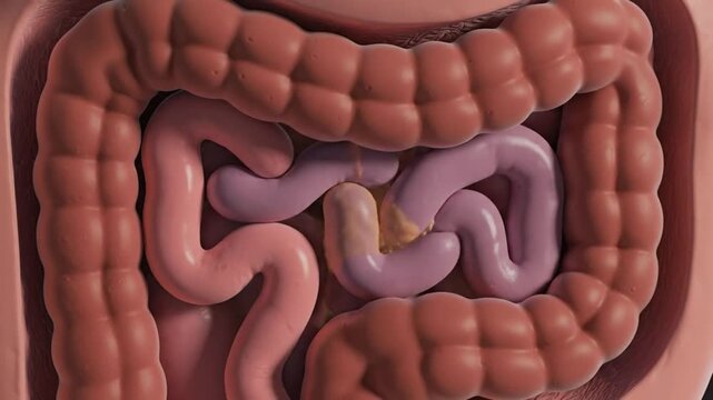 Anatomical Visualization of the Human Digestive System, Highlighting Small and Large Intestines and Pancreas