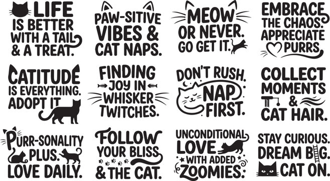 Funny Kitten Typography Sayings and Catitude Lettering Vector Set