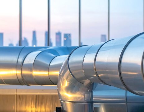 Shiny Industrial Ventilation Ducts Running Through Modern Building Interior at Sunset