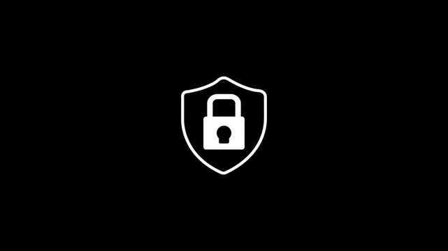 Shield security icon animation with padlock privacy lock data protection cyber safety network concept white line loop motion graphic isolated on black background.