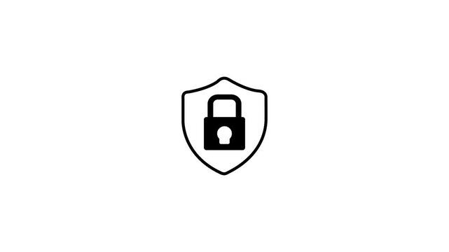 Shield security icon animation with padlock privacy lock data protection cyber safety network concept black line loop motion graphic isolated on white background.