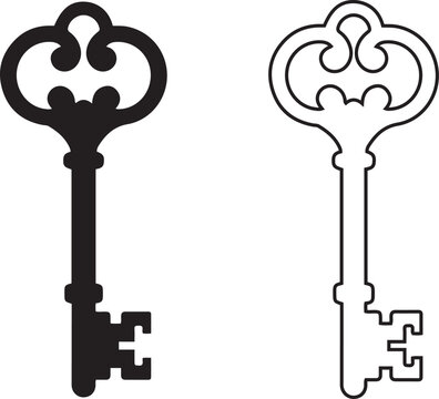 Skeleton old Key Silhouette Vector icon Ornate Outline and Solid Pair