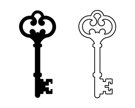 Skeleton old Key Silhouette Vector icon Ornate Outline and Solid Pair