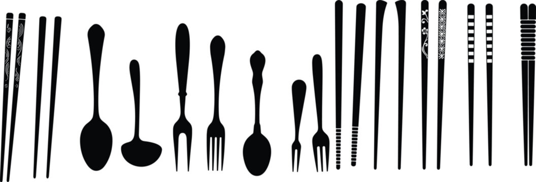 Kitchen Cutlery and Utensil Silhouette Icon Collection Featuring Chopsticks Spoons Forks Knives and Dining Tools Isolated on White Background